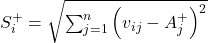  S_i^+ = \sqrt{\sum_{j=1}^{n} \left( v_{ij} - A_j^+ \right)^2} 