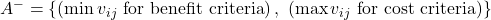  A^- = \left\{ \left( \min v_{ij} \ \text{for benefit criteria} \right), \ \left( \max v_{ij} \ \text{for cost criteria} \right) \right\} 